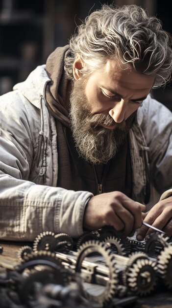 Foto man met baard die aan machines werkt