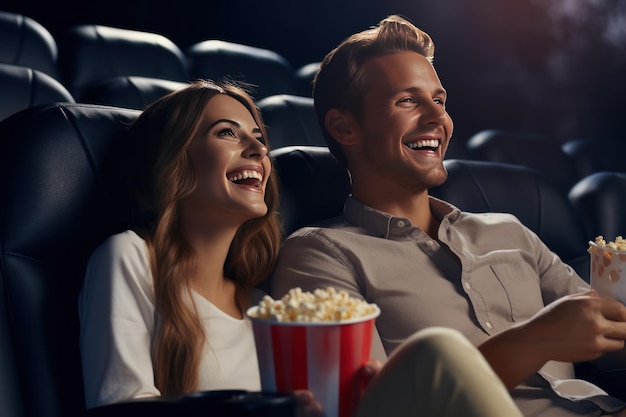 Man met baard die de hand van een jonge vrouw vasthoudt kijkt naar een film en het echtpaar heeft glimlachen op hun gezichten