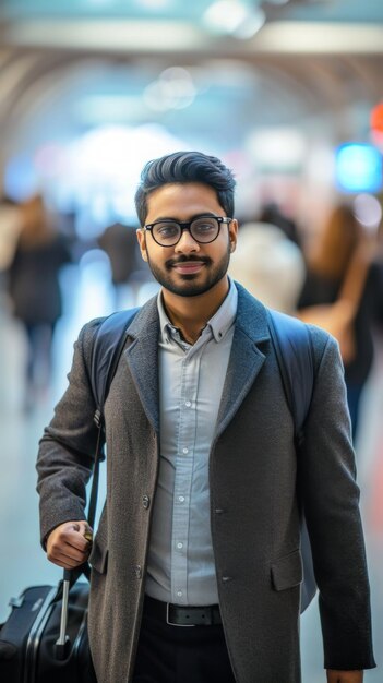 Man met baard en bril die een koffer draagt