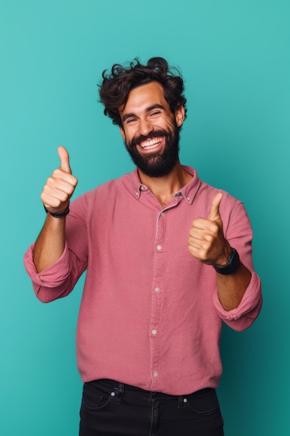 Man met baard en roze shirt geeft duim omhoog teken Generatieve AI