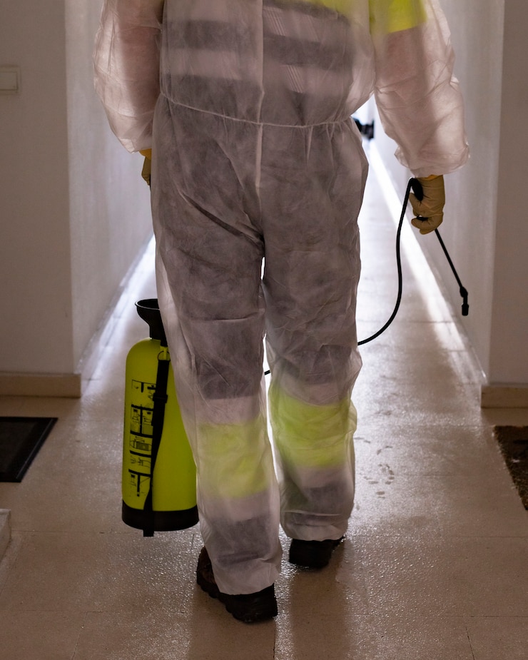 Man met beschermend pak dat openbare plaatsen in de zon desinfecteert met chemicaliën om te sproeien om verspreiding van coronavirus, pandemie in quarantainestad, te voorkomen. Covid 19. Schoonmaak concept.
