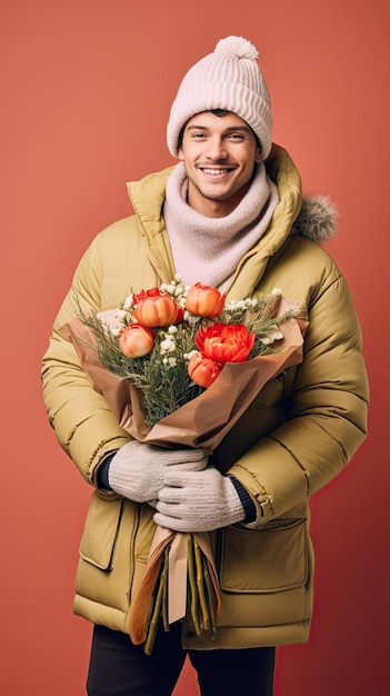 Man met bloemboeket bloemist in de winter