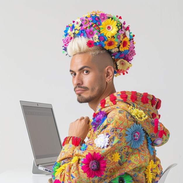 Man met bloemenkap gebruikt laptop