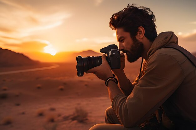 man met camera die foto's maakt van de woestijn bij zonsondergang