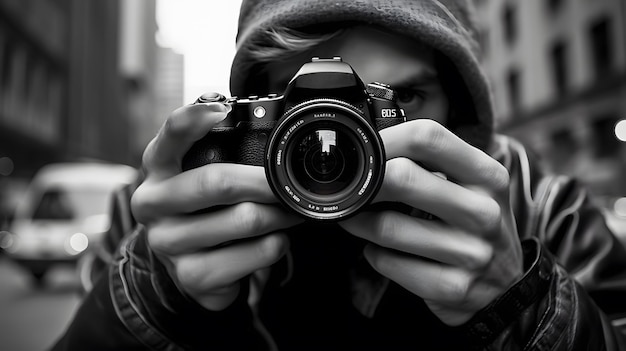 Man met camera in zwart-wit kleuren