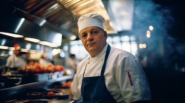 Foto man met chef-kokhoed in de keuken