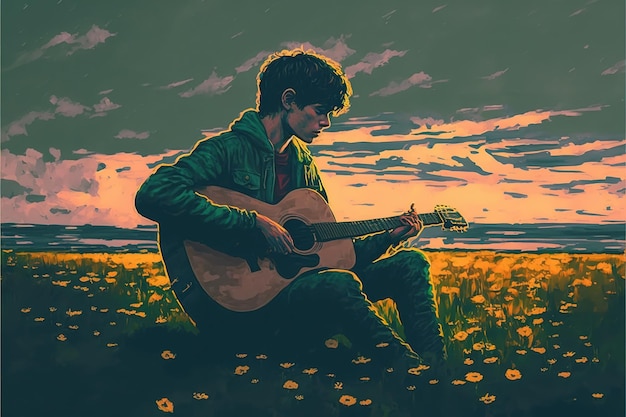 Man met de gitaar Man gitaarspelen alleen in de weide Digitale kunst stijl illustratie schilderij