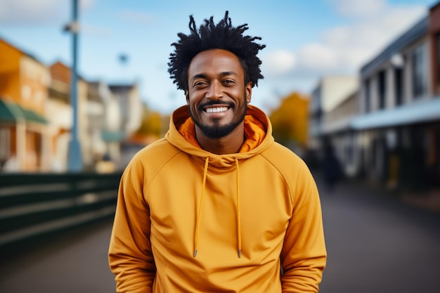 Man met dreadlocks glimlacht terwijl hij op straat staat Generatieve AI