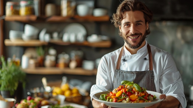 Man met een bord eten in de keuken