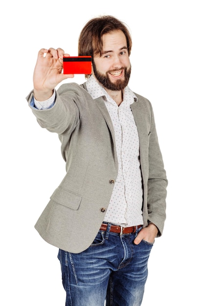 Man met een creditcard geïsoleerd op een witte achtergrond