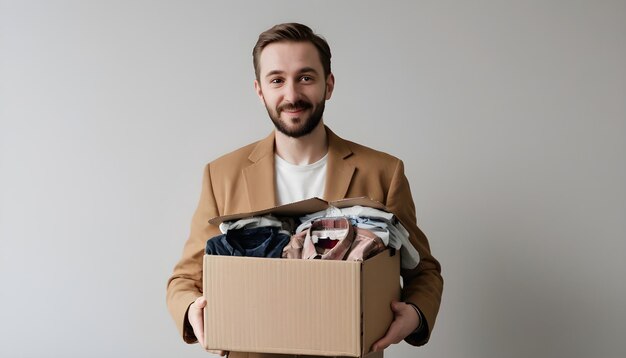 man met een doos tweedehands kleren ongebruikte kleren