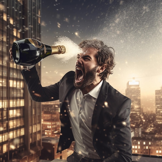 man met een fles champagne in zijn hand en een stadsachtergrond