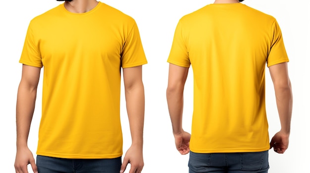 Man met een geel T-shirt Voor- en achteraanzicht mockup op witte achtergrond