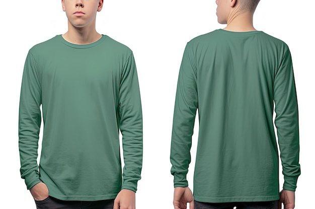 Foto man met een groen t-shirt met lange mouwen voor- en achteraanzicht