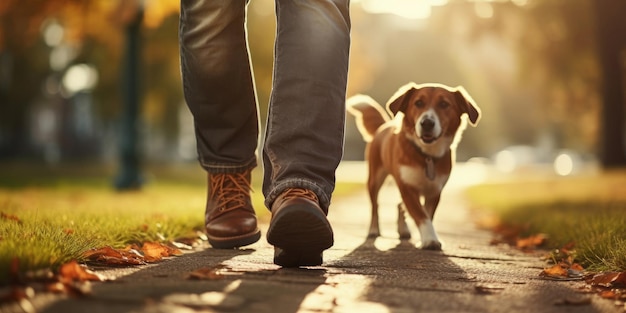 Man met een hond wandelen in een zomerpark Generatieve AI