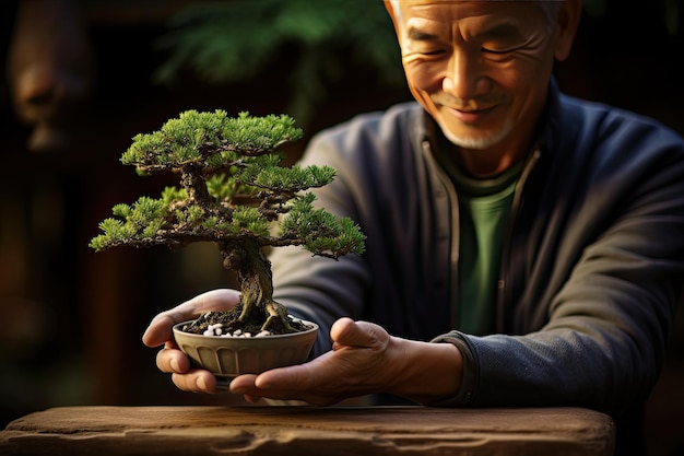 Foto man met een levende bonsai boom