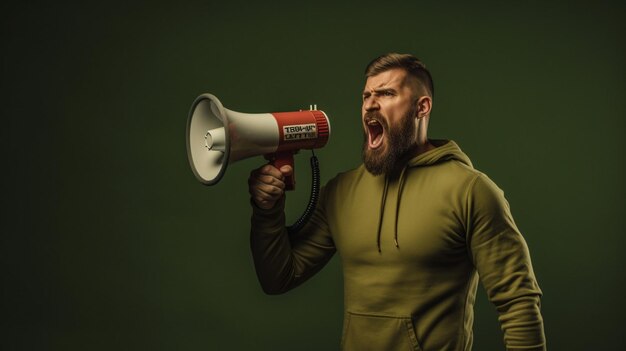 Foto man met een megafoon die op de achtergrond van olive drab staat