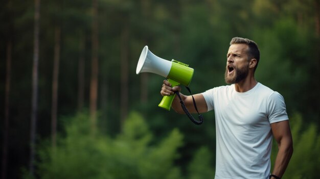 Foto man met een megafoon die op een bosgroene achtergrond staat