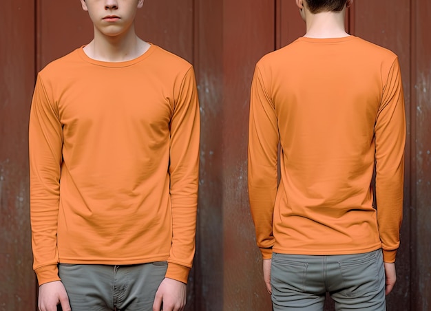 Foto man met een oranje t-shirt met lange mouwen voor- en achteraanzicht