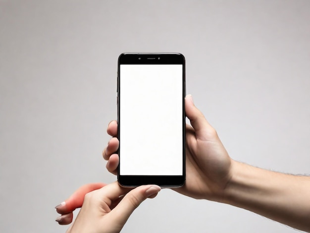 Man met een smartphone met een leeg scherm op een witte achtergrond Mockup voor ontwerp