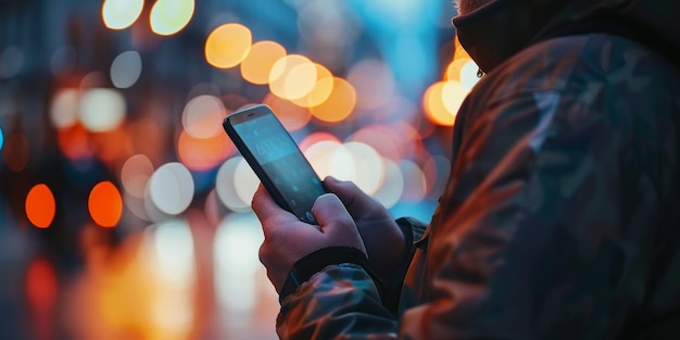 man met een telefoon op straat op een wazige achtergrond in bokeh cirkels Generatieve AI