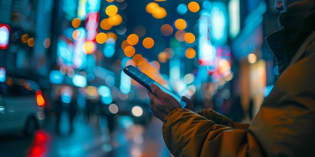 man met een telefoon op straat op een wazige achtergrond in bokeh cirkels Generatieve AI