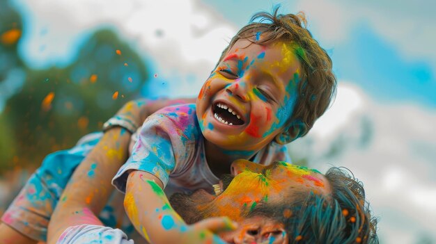 Foto man met een verfbedekt kind holi