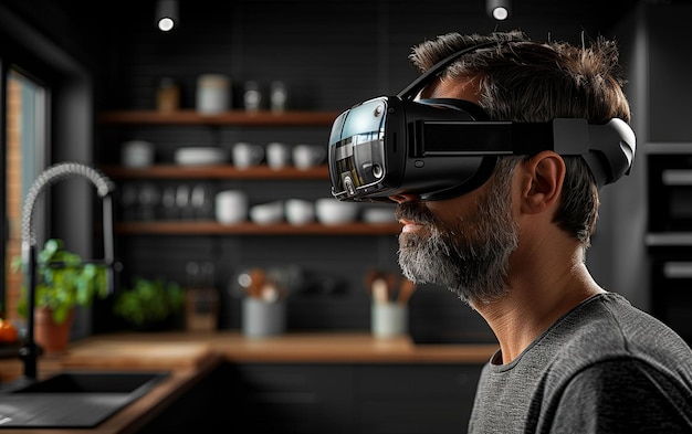 Man met een virtual reality headset in de keuken Generatieve AI