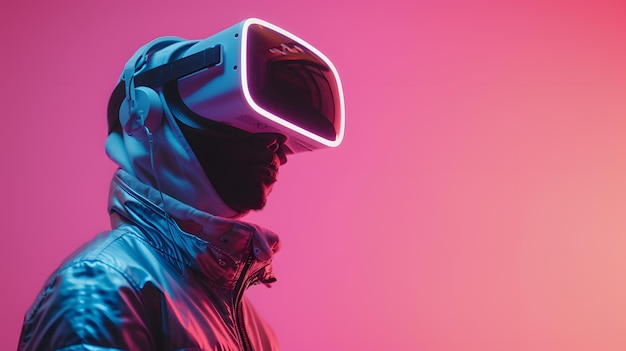 Man met een virtual reality headset voor een roze achtergrond