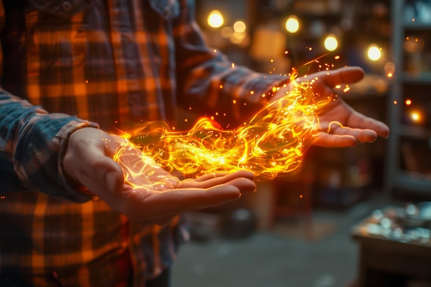 Man met een vlammende vuurbal in de hand met fonkelende lichten op een wazige achtergrond Geavanceerde magie