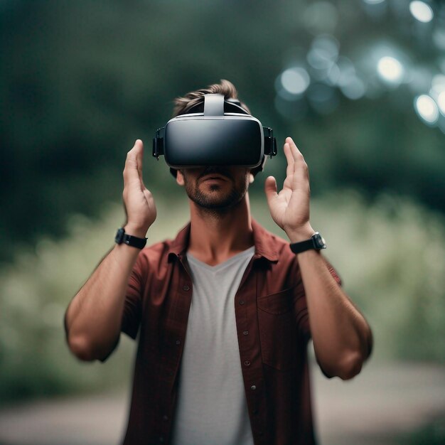 man met een vr-bril in het bos