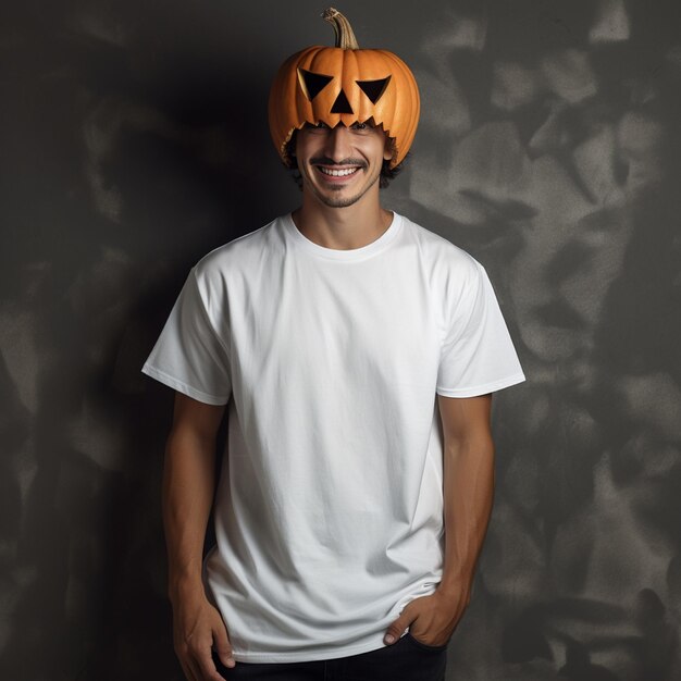 Man met een wit T-shirt en een groot halloween pompoenmasker.