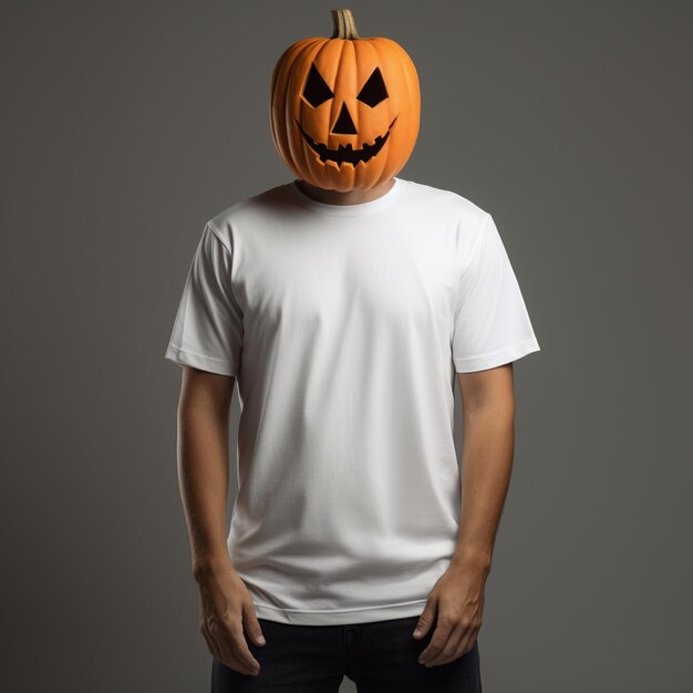 Man met een wit T-shirt en een groot halloween pompoenmasker.