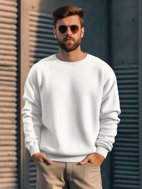 Man met een witte sweatshirt voor mock-up ontwerp