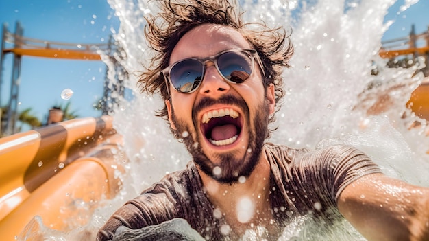 Man met een zonnebril en gelukkig glijdend over een glijbaan in een waterplein in de zomer Generatieve ai