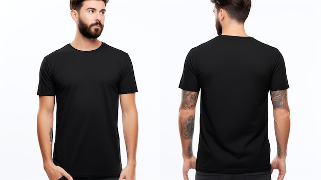 Man met een zwarte T-shirt Voor- en achteraanzicht mockup geïsoleerd op een witte achtergrond