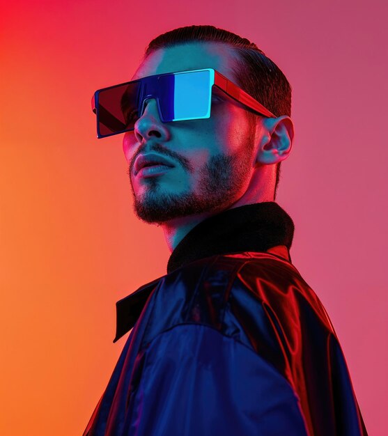 Foto man met futuristische bril en neonlicht.