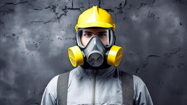 Man met gasmasker op grijze achtergrond Concept van gevaar en vervuiling