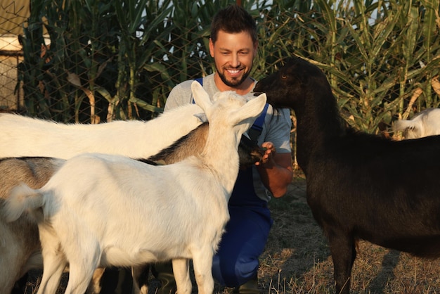 Man met geiten op boerderij Veehouderij
