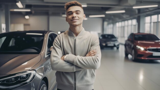 Man met gekruiste armen in een nieuwe autodealer gecreëerd met AI