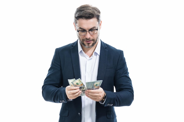 Man met geld contant dollar biljetten portret van zakenman met geld biljetten dollarbiljetten