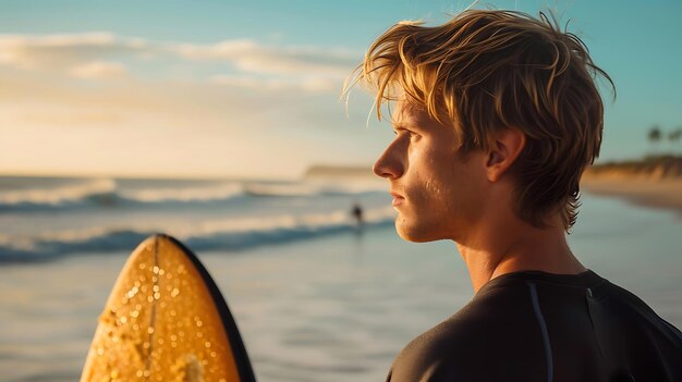 Man met gele surfplank op het strand Generatieve AI