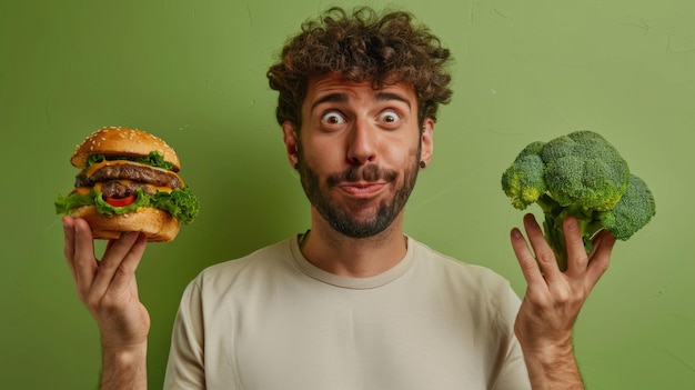 Man met hamburger en broccoli