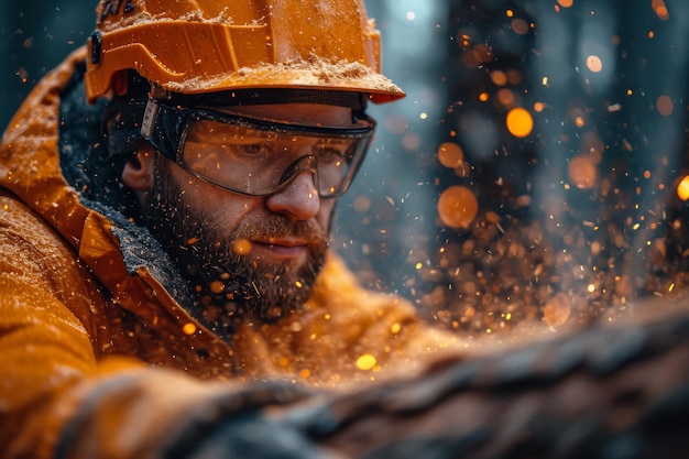 Man met hoed en bril die aan een stuk hout werkt Een man met een hoed en een bril die ijverig aan een stukhout werkt