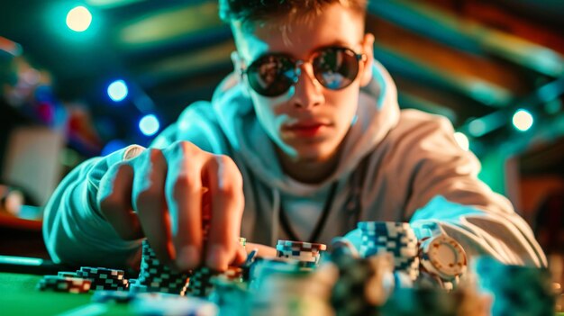 Man met hoodie die poker speelt