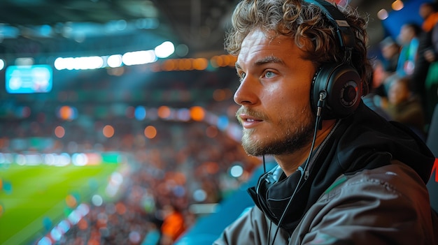 Foto man met koptelefoon in het stadion