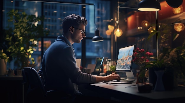 Man met laptopcomputer aan tafel Werknemerswaarderingsdag