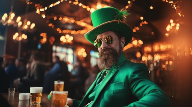 Man met leprechaun hoed groen pak en zonnebril Feest in Ierland pub
