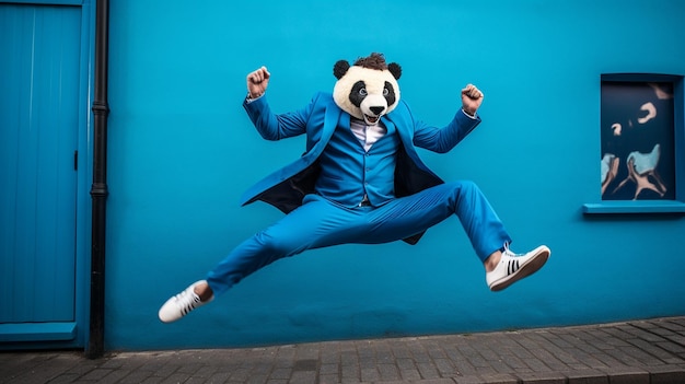 Man met levendig blauw pak en panda masker springt