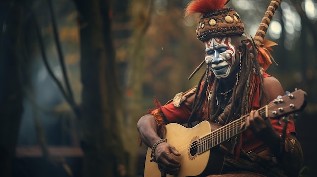 Man met masker die gitaar speelt